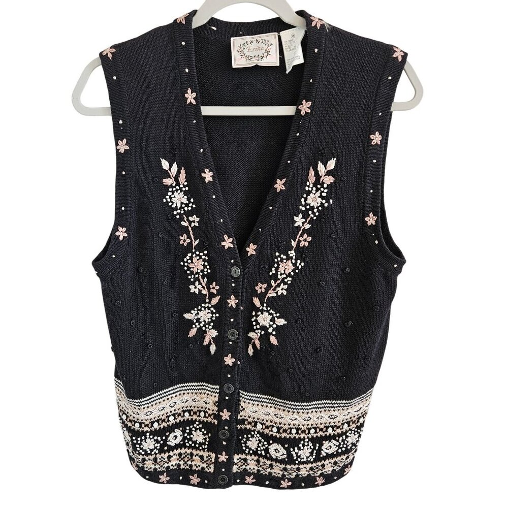 Vintage Erika Size M Hand Embroidered Knit Vest Button up V Neck Floral  Cottage